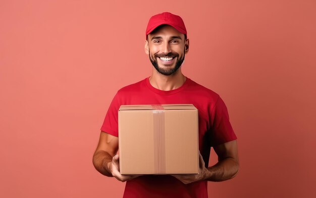 A man in a red hat holds a cardboard box.