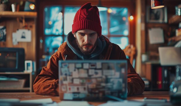 Photo a man in a red hat looking at a laptop generative ai