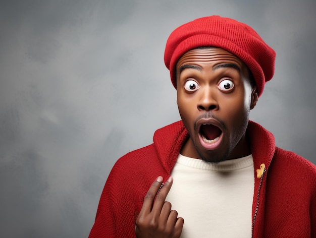 a man in a red hat pointing at the camera