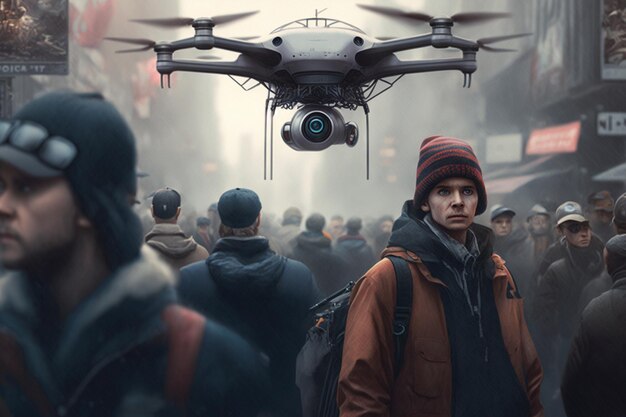 A man in a red hat stands in front of a crowd of people with a drone above him.