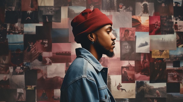 A man in a red hat stands in front of a wall of pictures.