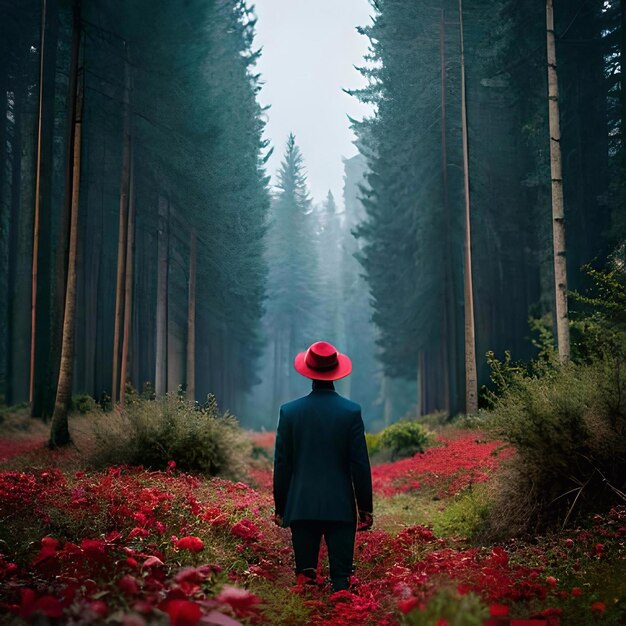 A man in a red hat walks through a forest with trees in the background.