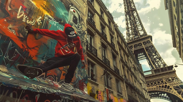 Foto un uomo con un cappuccio rosso sta saltando su un cartello che dice parigi