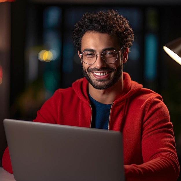 A man in a red hoodie is smiling while using a laptop.