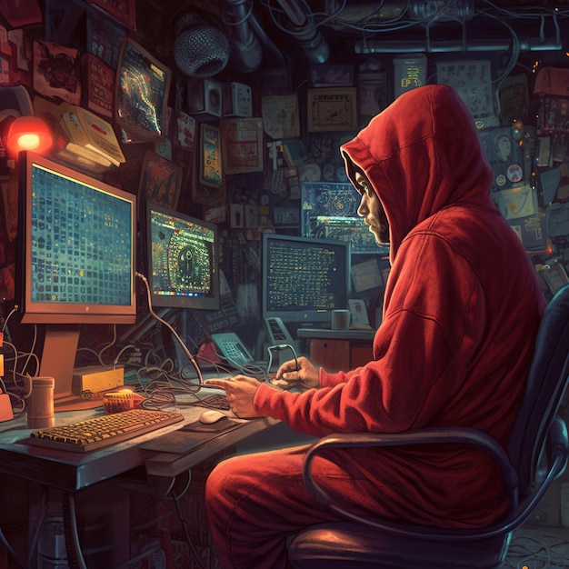 A man in a red hoodie sits at a desk in front of a computer screen