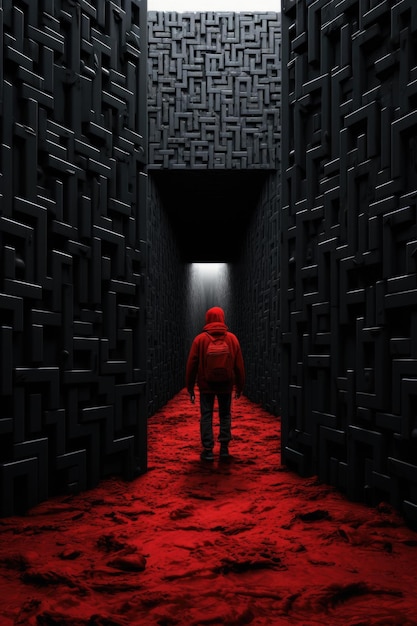 Photo a man in a red hoodie walking through a maze generative ai