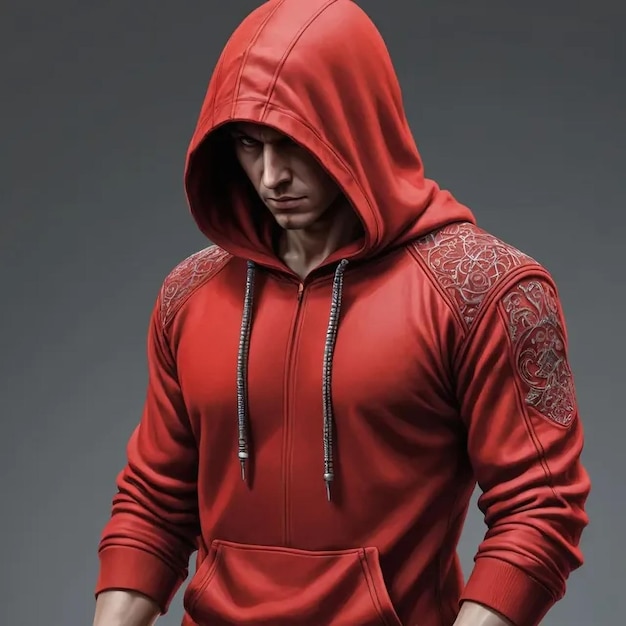 a man in a red hoodie with a design on the front