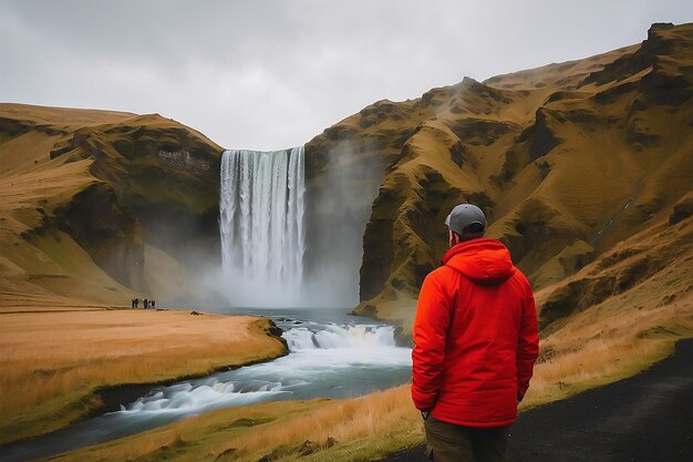 Photo a man in red hoody standing front of a waterfall