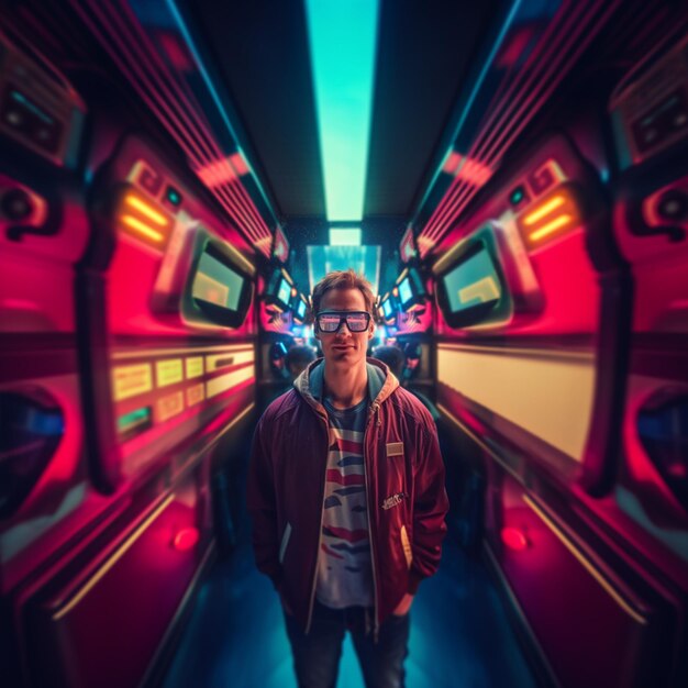 Photo a man in a red jacket and glasses is walking through a tunnel generative ai