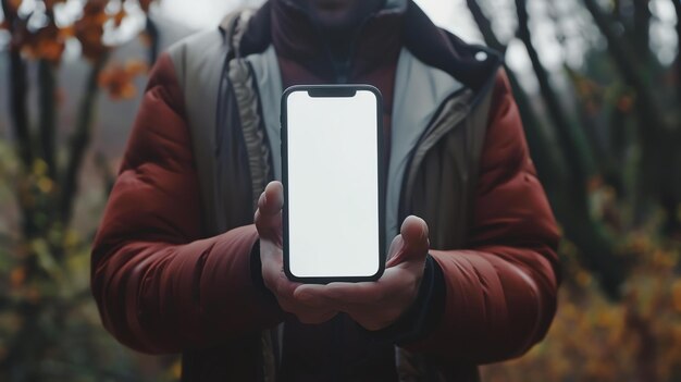 A man in a red jacket is holding a smartphone in his hands The man is standing in a forest The smartphone is in focus and the background is blurred