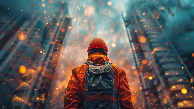 Photo a man in a red jacket is looking at a fire in a tunnel