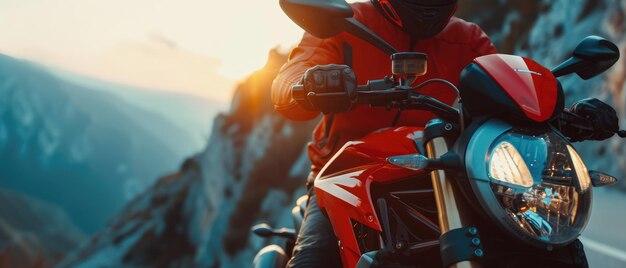 Photo a man in a red jacket is on a red motorcycle