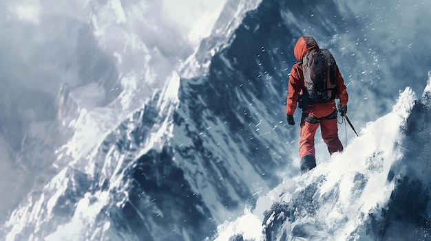 Человек в красной куртке стоит на горе с горой на заднем плане