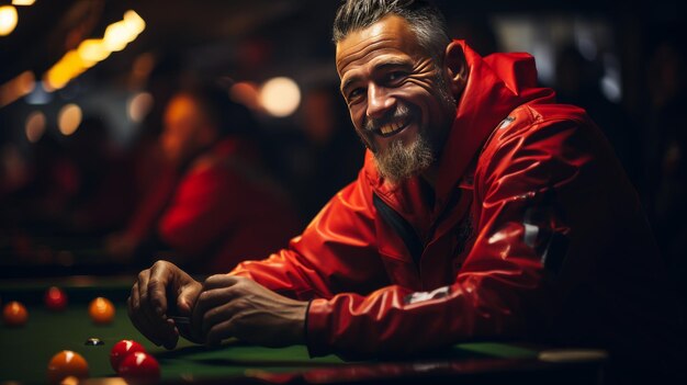 Photo man in red jacket sitting at pool table