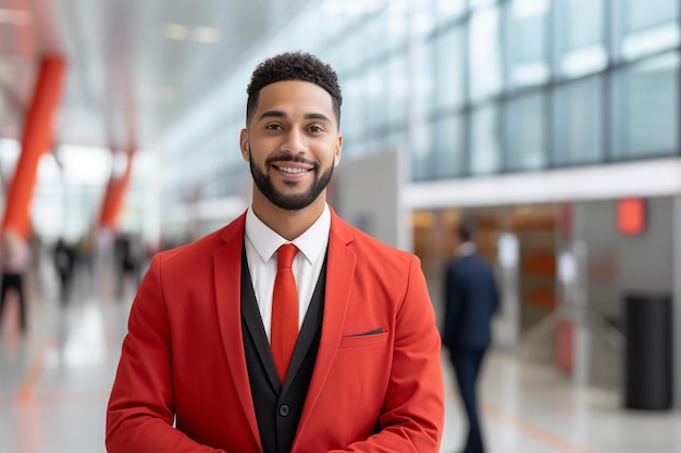 a man in a red jacket smiles in a building