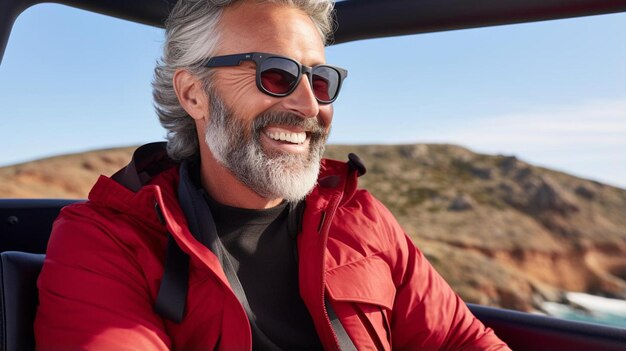 Photo a man in a red jacket smiles in a car