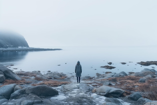 A man in a red jacket stands on the edge of a foggy lake A woman alone looking at a foggy sea experiencing adventure lifestyle outdoors expressing solitude sad emotions wearing AI Generated