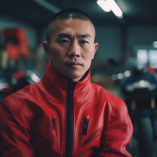 A man in a red jacket stands in front of some motorcycles