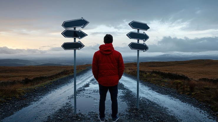 A man in a red jacket stands in front of two road signs one pointing left