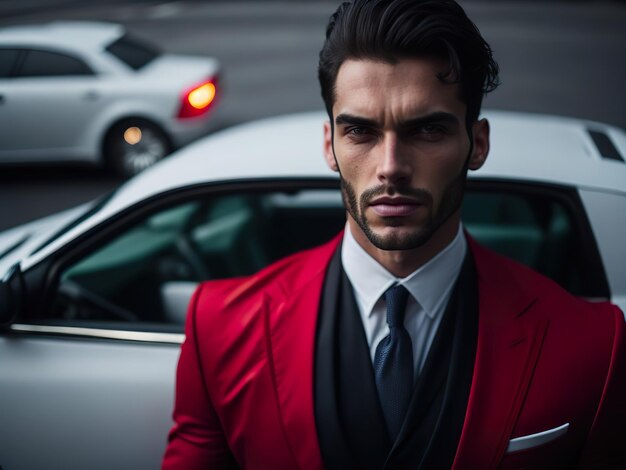 Premium AI Image | A man in a red jacket stands in front of a white car.