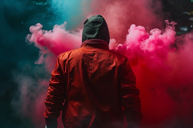 Photo a man in a red jacket stands in a smoke cloud