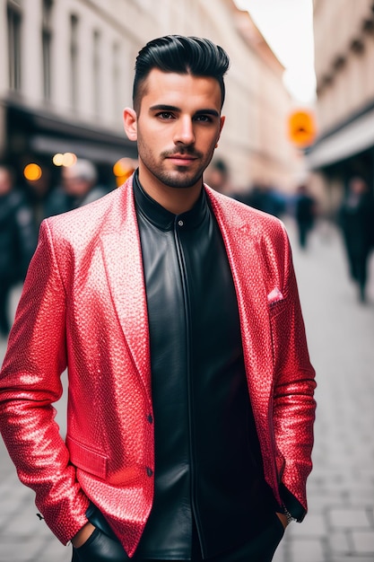 A man in a red jacket stands in the street wearing a red blazer.