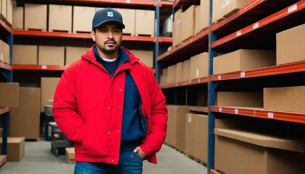 a man in a red jacket stands in a warehouse full of boxes