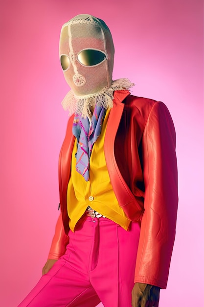 A man in a red jacket and sunglasses stands in front of a pink background.