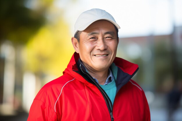 A man in a red jacket and a white hat