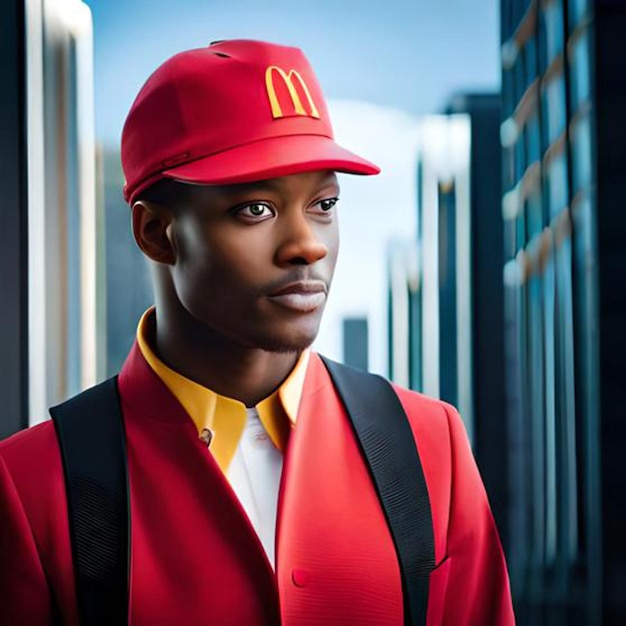 A man in a red jacket with a red hat that says mcdonald's on it.