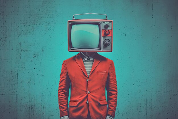 A man in a red jacket with a television head in the style of the 1970s Generative AI