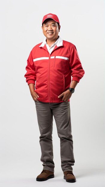 Photo a man in a red jacket with a white stripe on the front