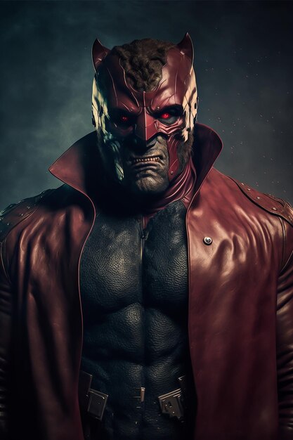 Photo a man in a red leather jacket with red eyes stands in front of a dark background