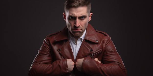 A man in a red leather jacket with a white shirt and a white shirt is standing in front of a dark background.