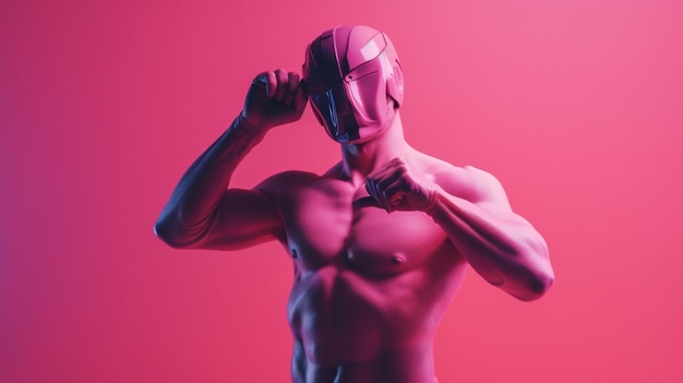 A man in a red mask with a pink background.