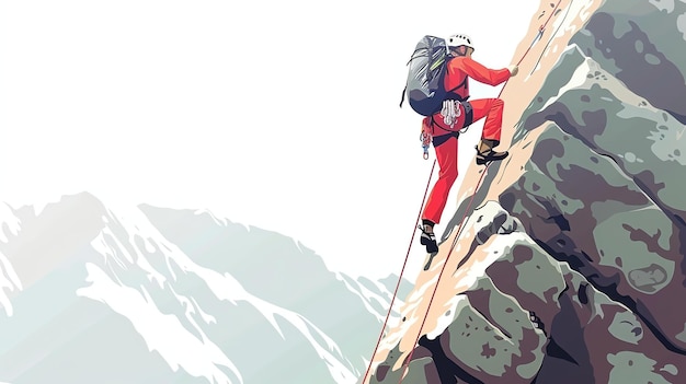 Photo a man in red pants is rock climbing up a steep cliff he is wearing a helmet and a backpack the background is a snowy mountain landscape