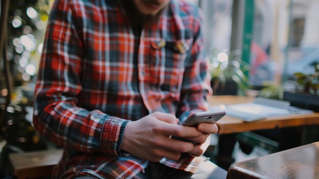 Photo man in red plaid shirt holding a smartphone in his hands while sitting at a table in a cafe