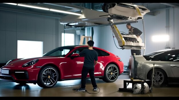 A man in a red porsche cayenne car wash