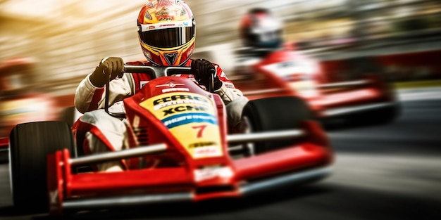 A man in a red racing car with the number 7 on the front.