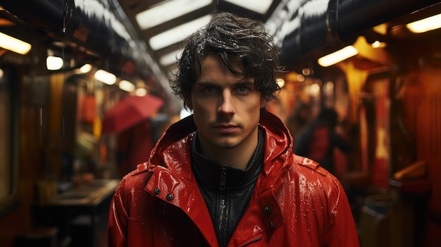 A man in a red rain coat