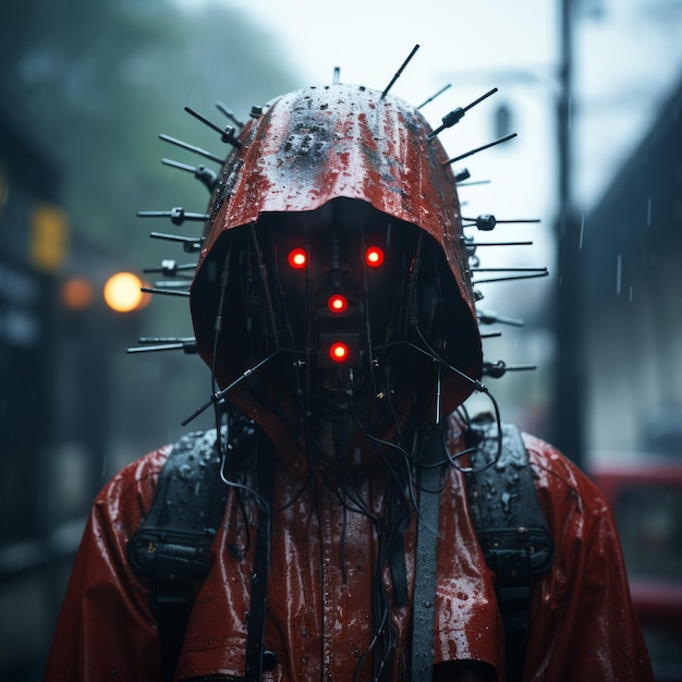 a man in a red rain jacket with spikes on his head