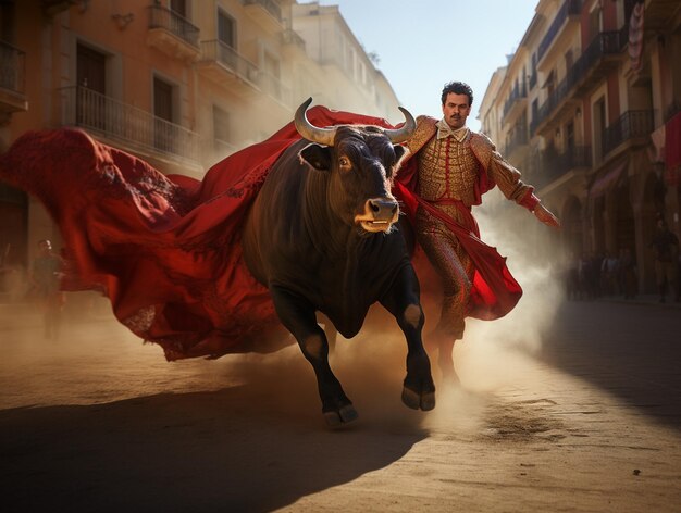 Photo a man in a red robe is riding a bull in the street.