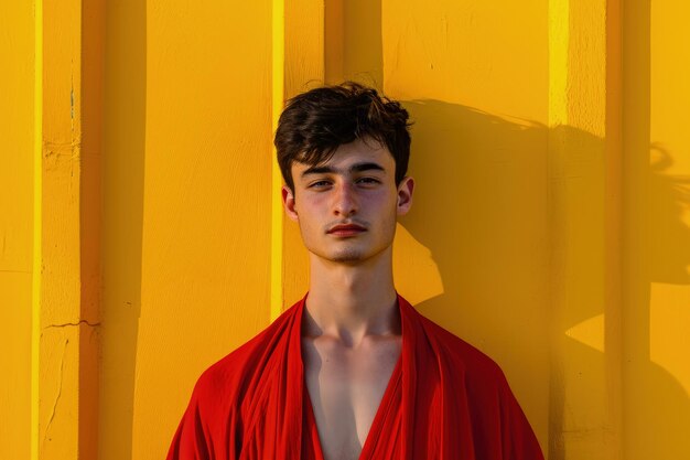Man in red robe leaning against yellow wall