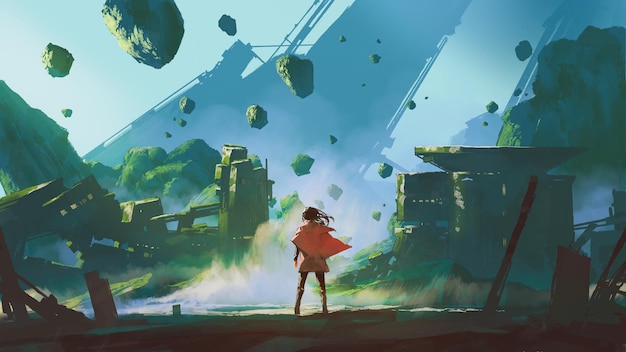 Man in the red robe looking at the ruins of the building in the fantasy land illustration painting