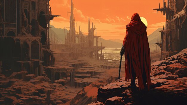 Man in the red robe looking at the ruins