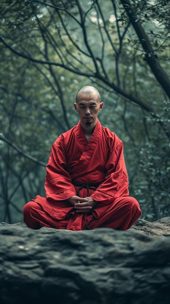 Photo a man in a red robe sitting on a rock