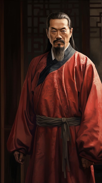 a man in a red robe standing in front of a door