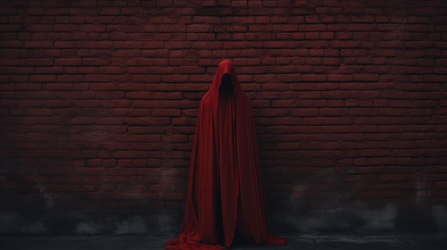 Человек в красном платье стоит прямо на красной кирпичной стене