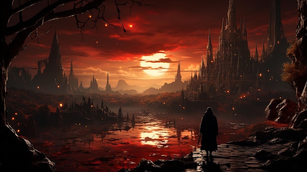 A man in a red robe surveys the ruins of a building in a fantasy land