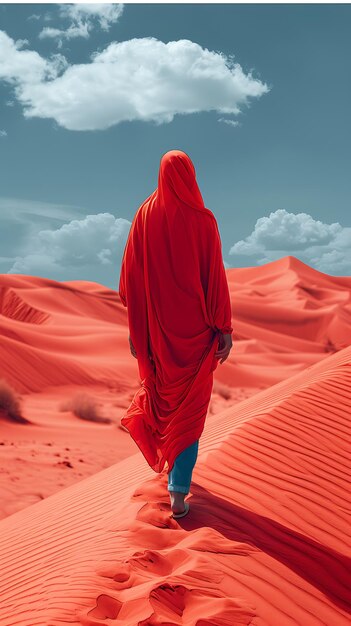 Foto un uomo con una veste rossa cammina attraverso il deserto